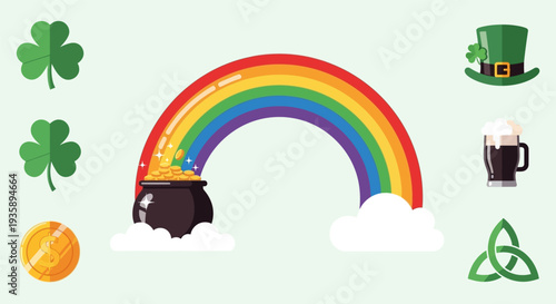 Rainbow Emerging from Pot Gold Coins.