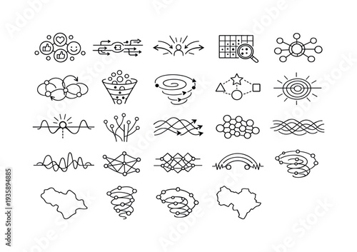 Line vector icons of analyzing engagement-driven cultural signals: reaction clusters, repost pulse rails, influence nudge arcs,