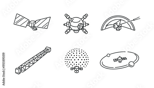 Orbital Structure Icons. Line style icons of reflective orbital structures: mirror wing plate, attitude-control node,
