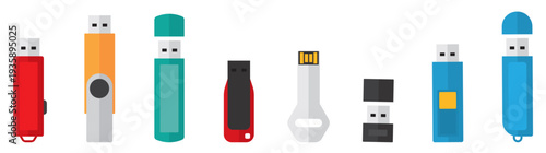 Set of Removable Pen Drives, USB Flash Drive Collection with Various Designs and Styles. set of usb pen drive memory Icon set of USB flash drive also known as pen drive Vector Illustration.