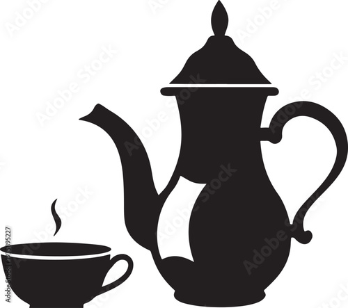 An antique ceramic teapot and teacup set sits as an isolated kitchen object on white, featuring a traditional vintage design perfect for serving a hot tea beverage or cafe drink