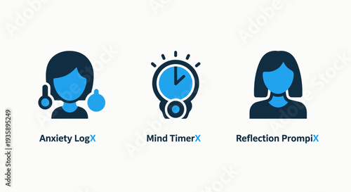 Mental health and self-care icons featuring anxiety log mind timer and reflection prompts for mindfulness apps