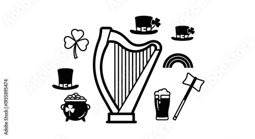 St Patricks Day icons harp shamrock beer.