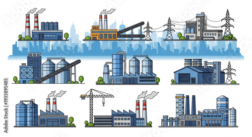 Collection of Industrial Factory Buildings with Smokestacks and Power Lines.