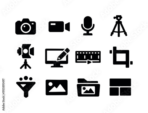 Solid vector icons of ad creation tools: camera, video, microphone, tripod, light, editor, timeline, crop, filter, thumbnail,