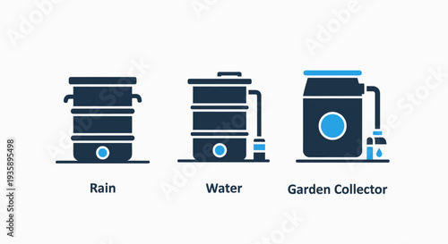 Rainwater Harvesting and Water Storage Tank Icons for Sustainable Garden and Home Conservation