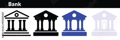 minimal financial institution building icons, solid and outline variations, scalable bold vector set for fintech.