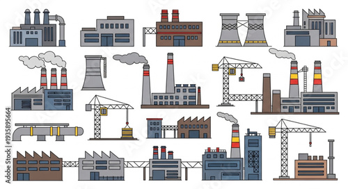 Collection of industrial factory buildings with smokestacks emitting smoke.