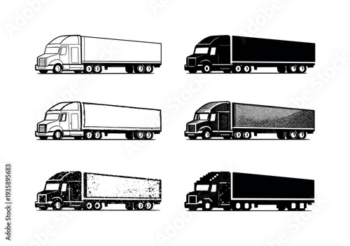 Semi trailer truck with tall cab and attached cargo container for long haul shipping | Create ONE image containing EXACTLY six