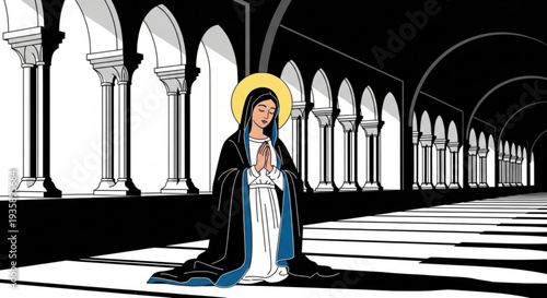 Virgin mary praying in a majestic cathedral with columns on transparent background