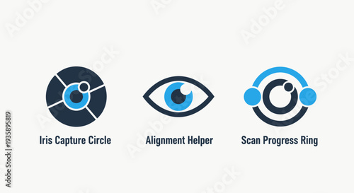 Biometric security and iris scanning interface icons featuring capture circle, eye alignment helper, and scan progress ring