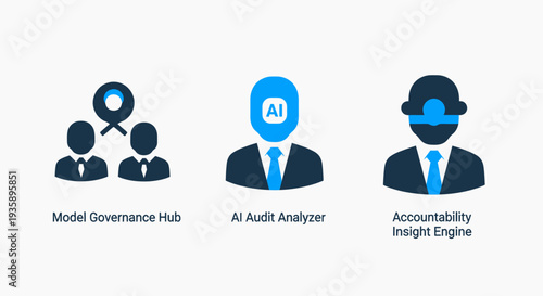Artificial intelligence ethics and governance icons including model governance hub, AI audit analyzer, and accountability insight engine