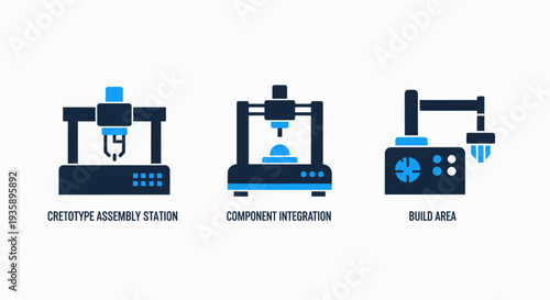 Industrial 3D Printing and Automated Assembly Station Icons for Manufacturing Integration
