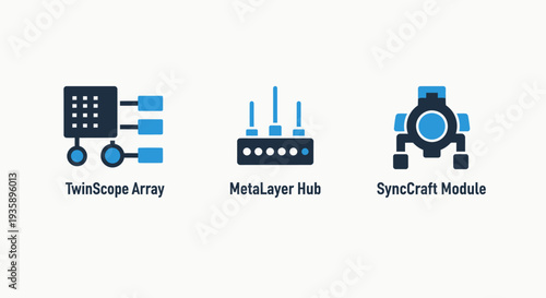 Advanced networking and cloud infrastructure icons representing data arrays central hubs and synchronized computing modules