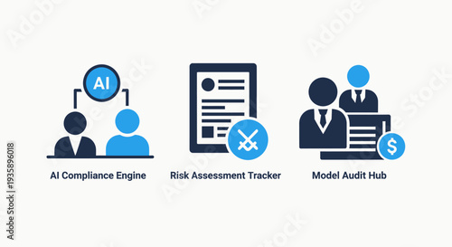 Artificial intelligence governance icons for compliance monitoring risk assessment tracking and financial model auditing