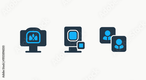 Digital monitoring and identity management icons featuring vision display interface focus and user profile symbols