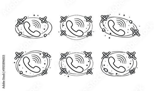 Line vector icons of telephone handset with satellite constellation (astral communication grid): handset model, grid-like