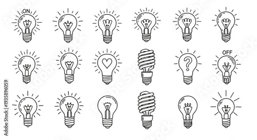 Collection of Hand Drawn Light Bulb Icons and Symbols.