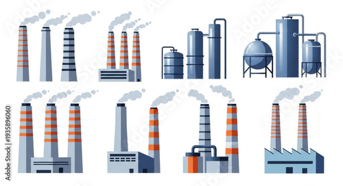 Collection of Industrial Factory Chimneys and Structures Emitting Smoke.