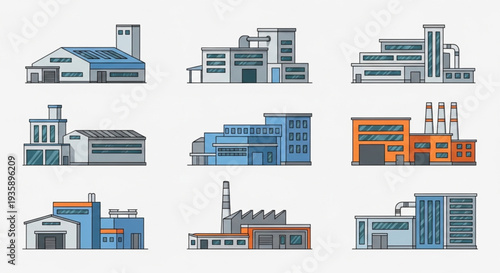 Collection of Industrial Factory Buildings with Various Designs and Structures.