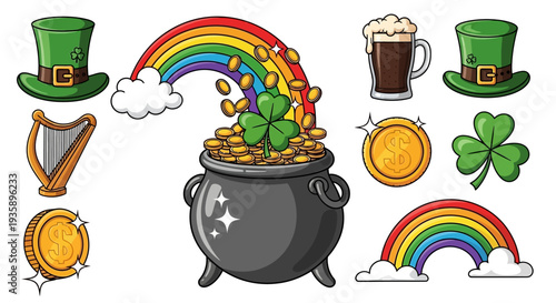 St Patricks Day Pot Gold Coins Treasures.