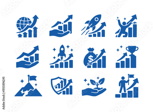 Solid vector icons of company growth success: expansion, scaling, momentum, breakthrough, uplift, acceleration, revenuegrowth,