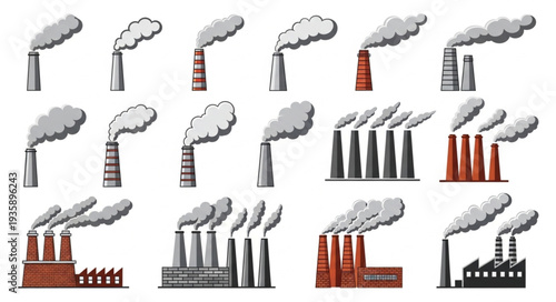 Collection of Industrial Factory Chimneys Emitting Smoke.