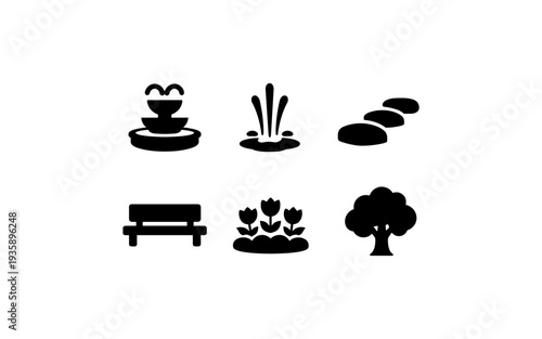 Collection of simple black icons representing park and garden elements