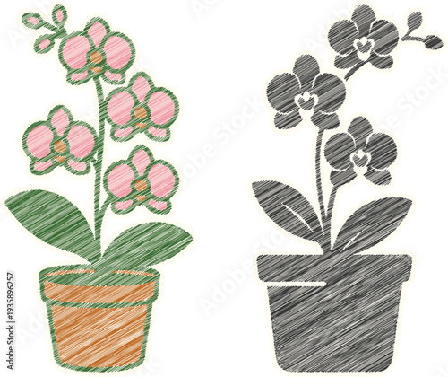 Beautiful Scribble Embroidery Orchid Flower Potted Plant Doodle Badge