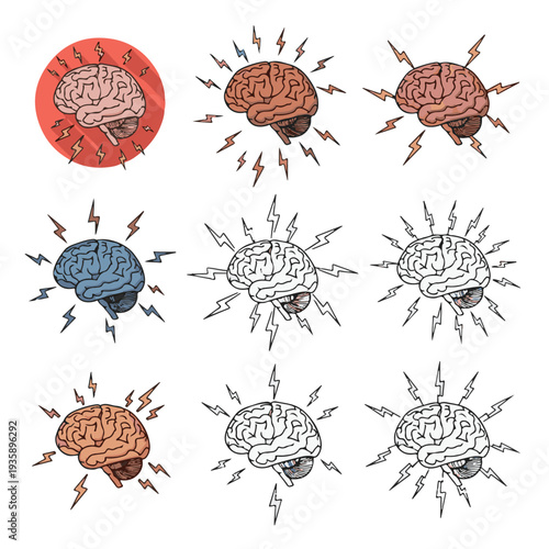 Collection of human brain vector symbols with electric bolts, symbolizing headache, stress, migraine, or a creative brainstorm, isolated in various color styles.