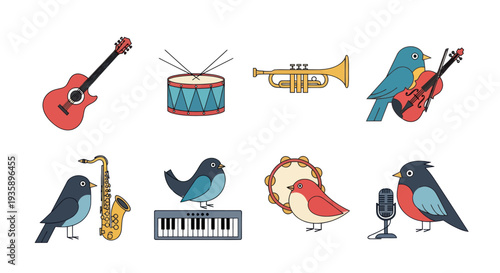 Cartoon birds with musical instruments