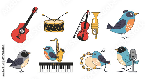 Cartoon birds with musical instruments