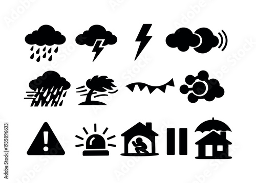 Solid vector icons of spring storm moments: cloudburst, thunder, lightning, rumble, downpour, squall, front, system, warning,