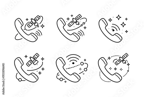 Line vector icons of telephone handset with satellite constellation (space communication): handset outline, orbital satellite,