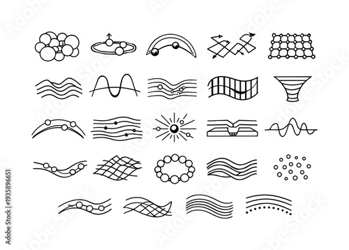 Line style icons of quantum-accelerated reaction enzymes: tunnel node patch, proton jump ring, electron corridor arc, catalytic