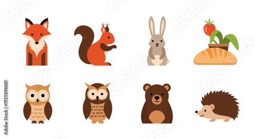Cartoon forest animals and food illustration