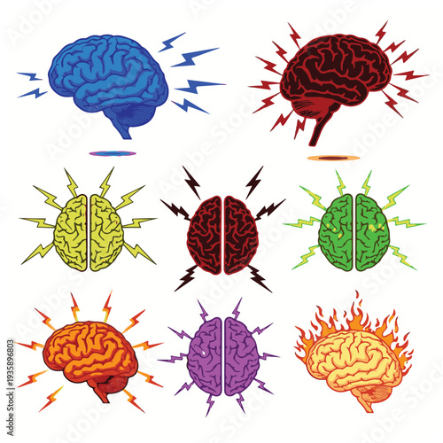 Collection of human brain vector symbols with electric bolts, symbolizing headache, stress, migraine, or a creative brainstorm, isolated in various color styles.