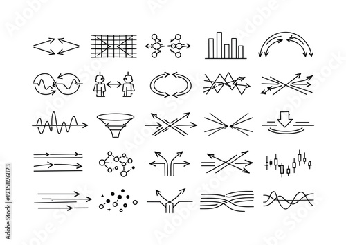 Line vector icons of HFT micro-conflict systems: split-moment arrows, latency-race grids, order-collision nodes, ultra-short