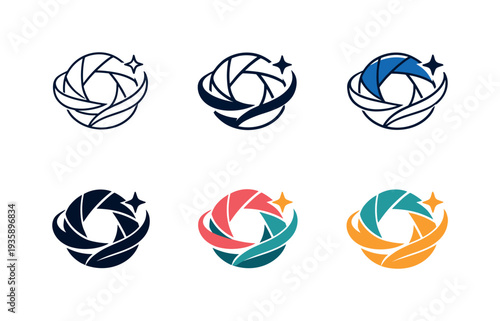 Concept illustrating imaginative graphic identity depicted as a stylized camera aperture merged with fluid ribbon curves and a