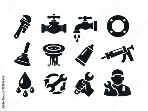 Solid vector icons of home repair tasks: pipewrench, valve, faucet, gasket, plunger, drain, sealant, caulkinggun, leak,