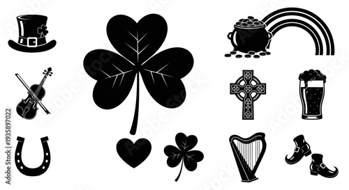 St Patricks Day Symbols Black Silhouettes Collection.