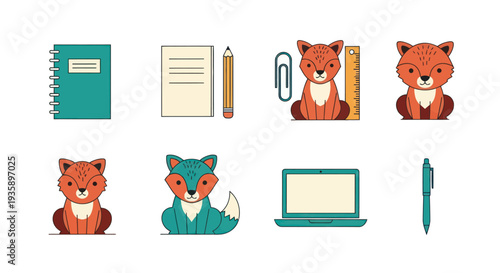 Cartoon fox and office supplies set