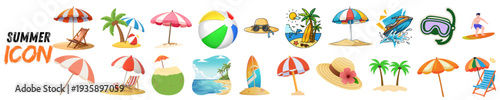 Large Collection of Colorful Summer Icons with Beach Umbrellas Tropical Palm Trees and Vacation Elements