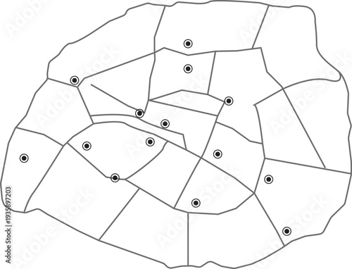 City District Map Outline with Markers – Simplified Urban Planning Design, Geographic Territory Division Concept