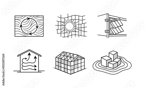 Line style icons of environmental simulation outputs: wind-map vector loop, sunlight intensity patch, façade adaptation layer,