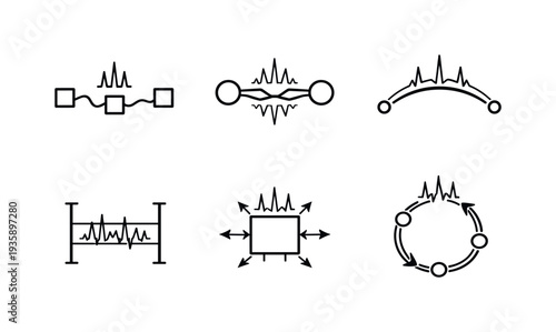 Line style icons of spike-inspired data networks: pulse packet node, synapse-like connector, spiking signal arc, timing window