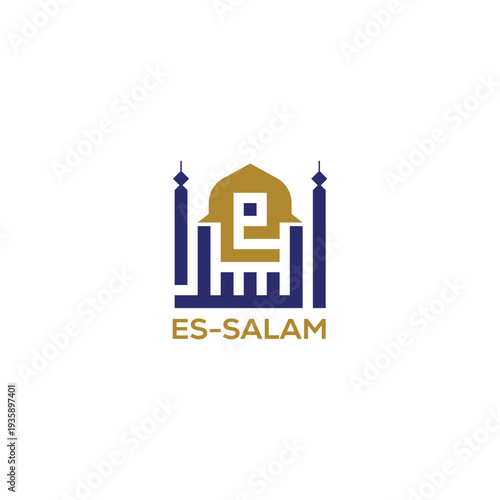 Es Salam Mosque Logo, السلام Arabic Islamic Architecture and Community Center Branding Vector Design.