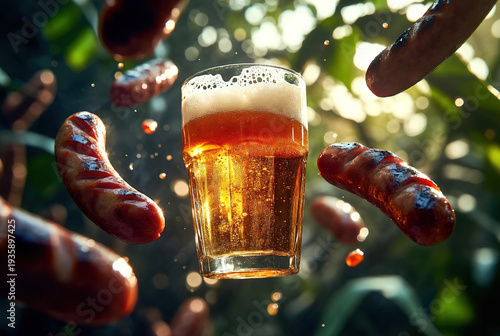 Glass of cold beer with flying sausages and herbs in a dynamic outdoor setting. Energetic pub style ideal for brewery social media and backyard barbecue ads.