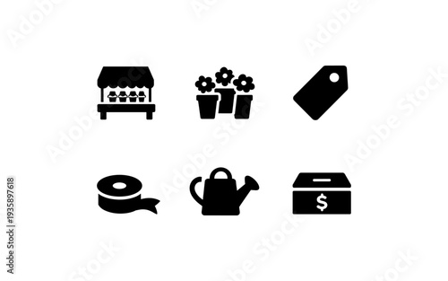 Set of six black icons representing gardening and retail concepts on a white background