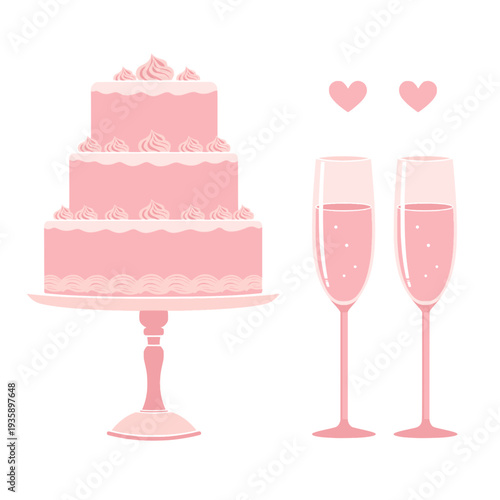 pink wedding cake with champagne glasses and hearts romantic celebration vector illustration.